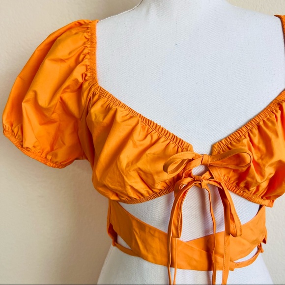 Nectarine Orange Parachute Surplice Ruched Strappy Cottagecore Crop Top - Picture 7 of 10